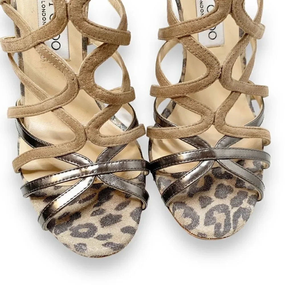 Jimmy Choo Fiesta Leopard-Print Caged Sandal, Nude Metallic Shimmer Women’s - 36